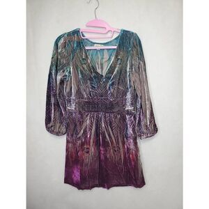 One World Y2K Velvet Empire Waist Puff Sleeve V Neck Peacock Print Tunic Top